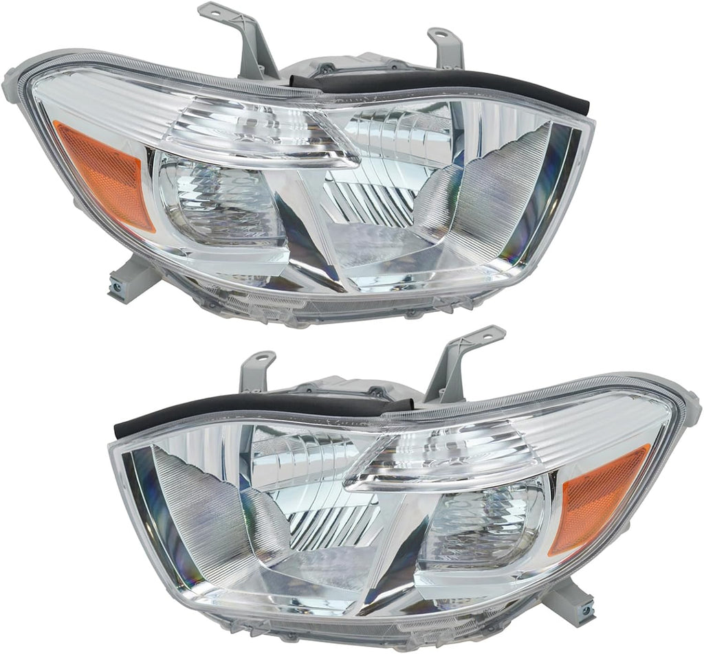 TRQ 2 Piece Headlight Assembly Set Chrome Bezel Driver & Passenger Side Compatible with Toyota Highlander 2008-2010 TO2502176 TO2503176 8113048460 8113048470 8117048460