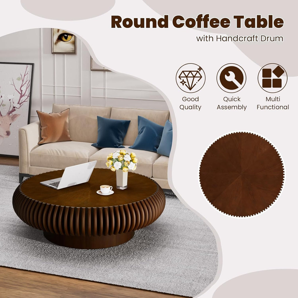 Round Drum Coffee Table for Living Room, Mid Century Modern Coffee Table with Sturdy Pedestal, Farmhouse Fluted Circle Center Table Accent Tea Table for Apartment (Large Walnut)