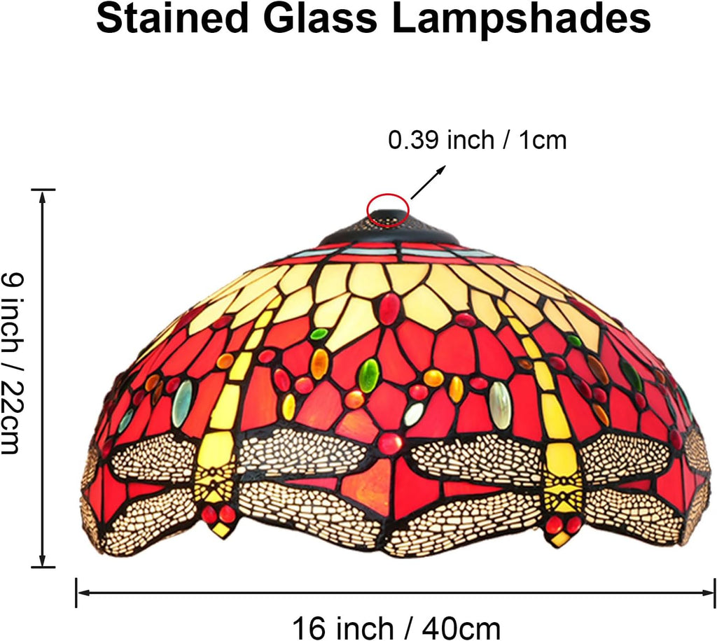 W16H9 Inch Tiffany Lamp Shade Replacement, Stained glass Dragonfly style Lampshades, Only Handmade Retro lampshade Replacement for Table Lamp Pendant Light Floor Lamp Ceiling Fixture,Red