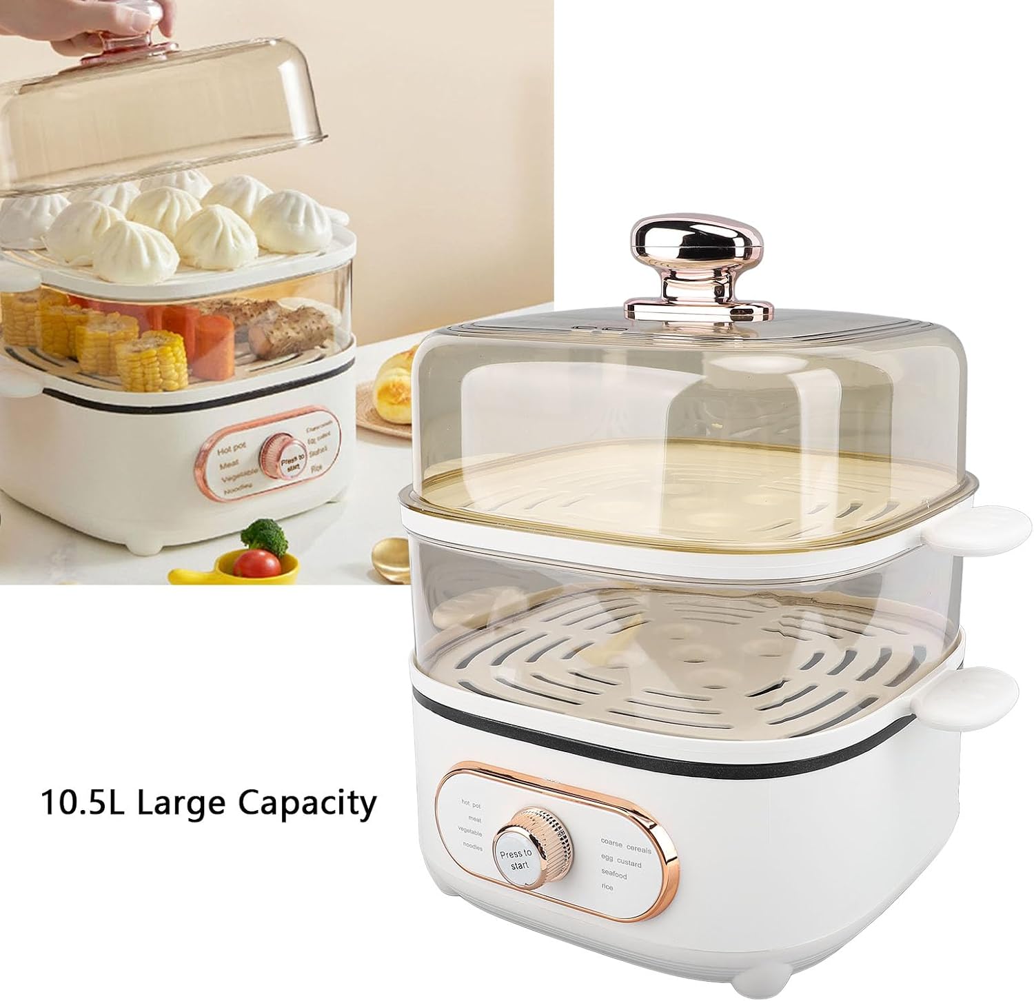2 Tier Electric Food Steamer, 1200W 10.5L Electric Hot Pot with Steamer, Stackable Baskets, Fast Simultaneous Cooking Vegetable Steamer for Seafood, Raman, Soup, Noodles, Oatmeal