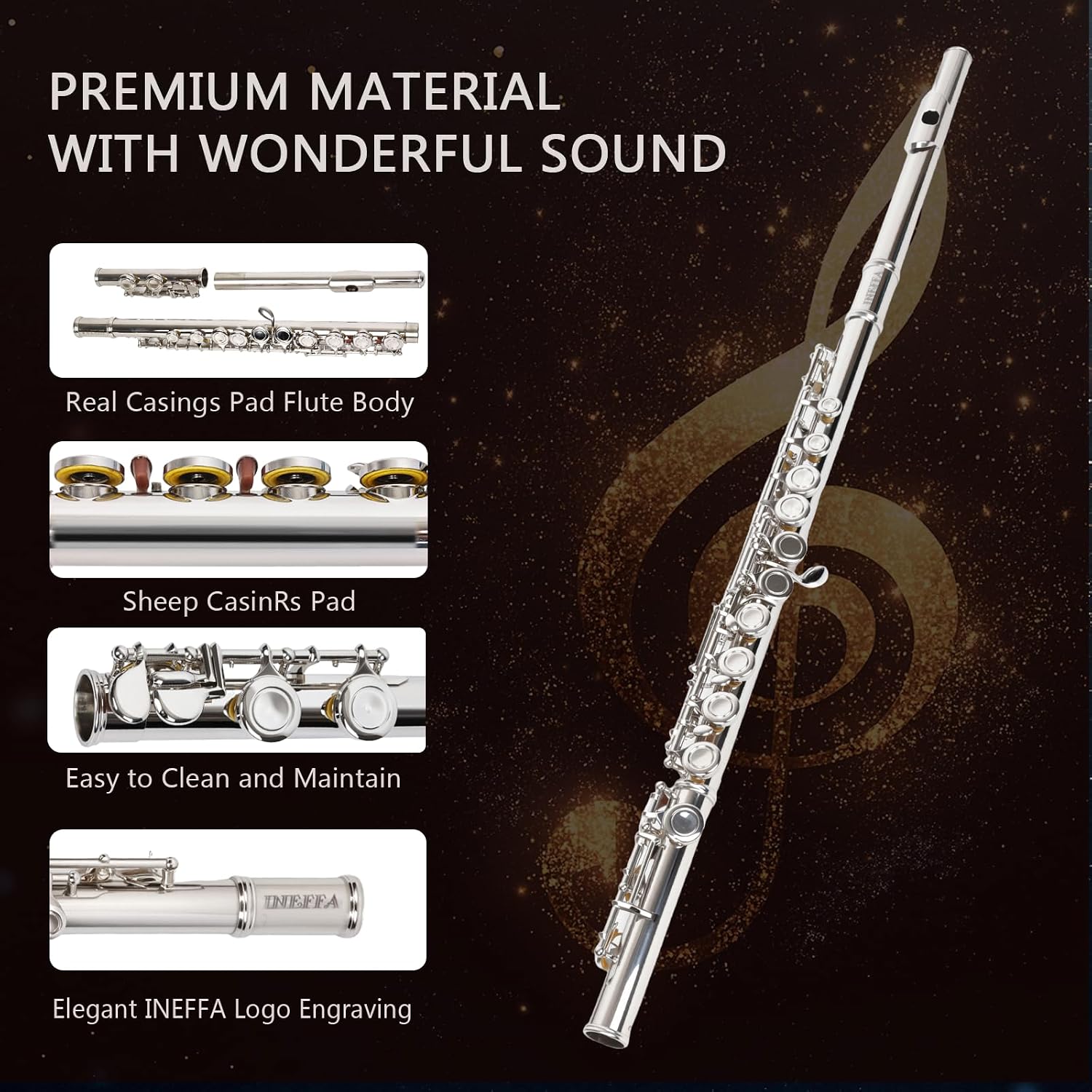 Professional Nickel Plated C Flute for Beginners and All Levels, 16 Key Closed Hole with Ergonomic Design, Includes Carrying Case, Gloves, Cleaning Cloth, Tuning Rod, INEFFA