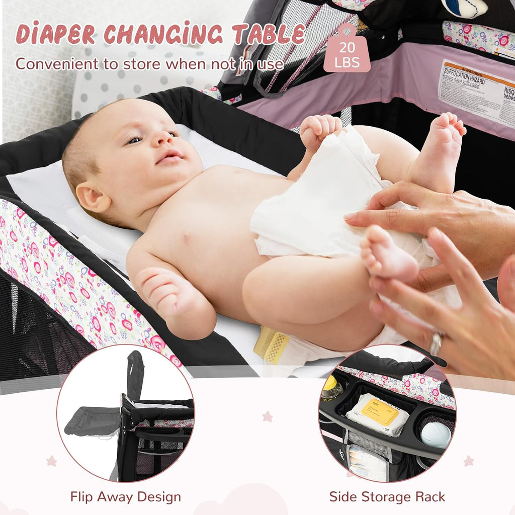 HONEY JOY Pack and Play, 4 in 1 Portable Baby Crib Playpen w/Bassinet, Changing Table, Canopy, Mattress, Music Box, Storage Bag, Foldable Pack and Play for Infant Boys Girls