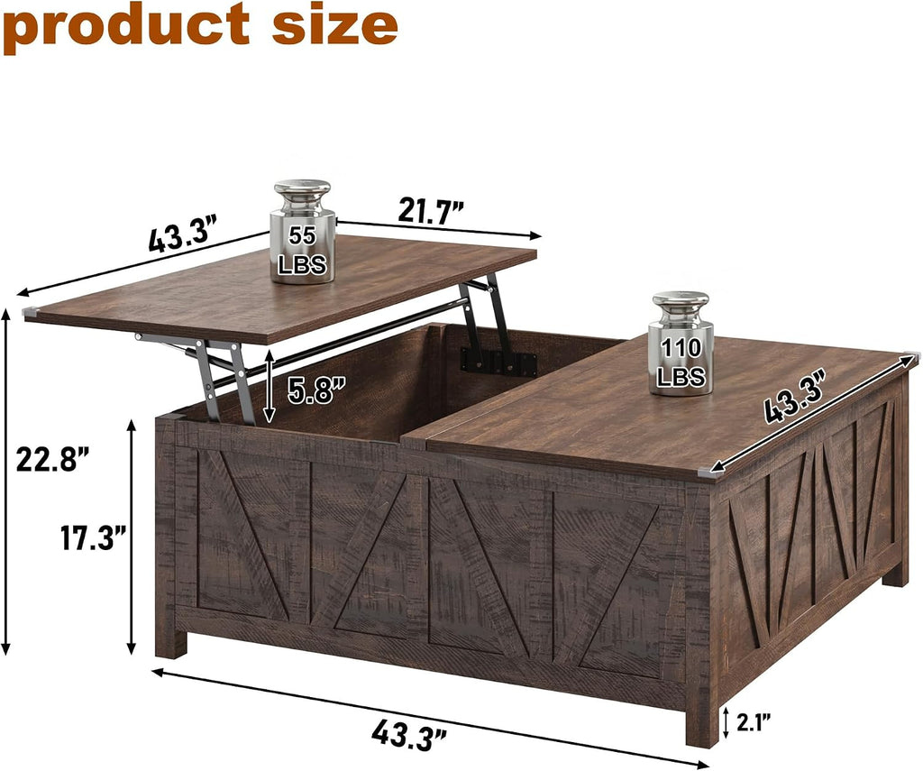 chartustriable 43.3' Lift Top Coffee Table with Storage, Farmhouse Coffee Table with Large Hidden Storage Compartment and Shelves，Square Center Tables for Living Room, Tea Table Dark Brown
