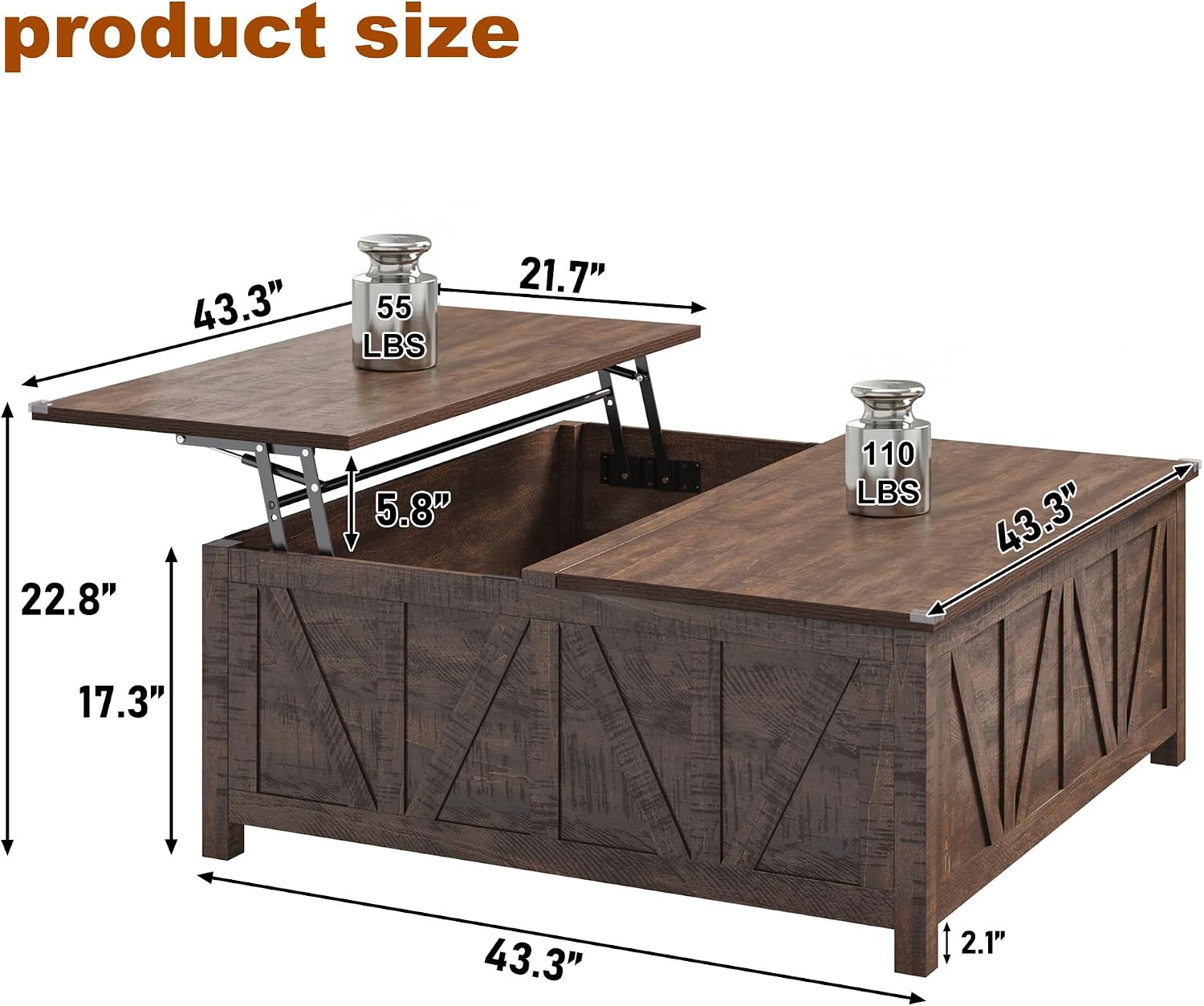 chartustriable 43.3' Lift Top Coffee Table with Storage, Farmhouse Coffee Table with Large Hidden Storage Compartment and Shelves，Square Center Tables for Living Room, Tea Table Dark Brown