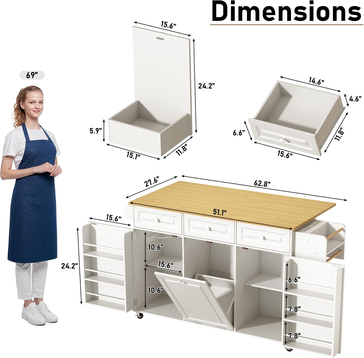 St.Mandyu 62 inch Rolling Kitchen Island with Power Outlet, Drop Leaf & Storage Cabinet - Mobile Cart with Hidden Trash Cabinet, Spice Rack, Shelves, and Towel Holder for Small Spaces,White