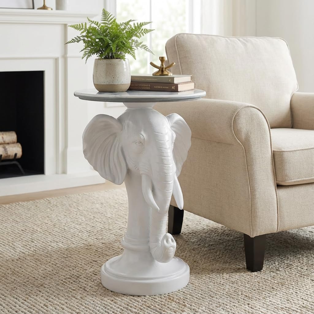 Modern Accent Table with Elephant Ornament Base, Minimalist Faux Marble End Table for Living Room Reception Area & Bedroom, 19.69 Inches Wide × 25.98 Inches High