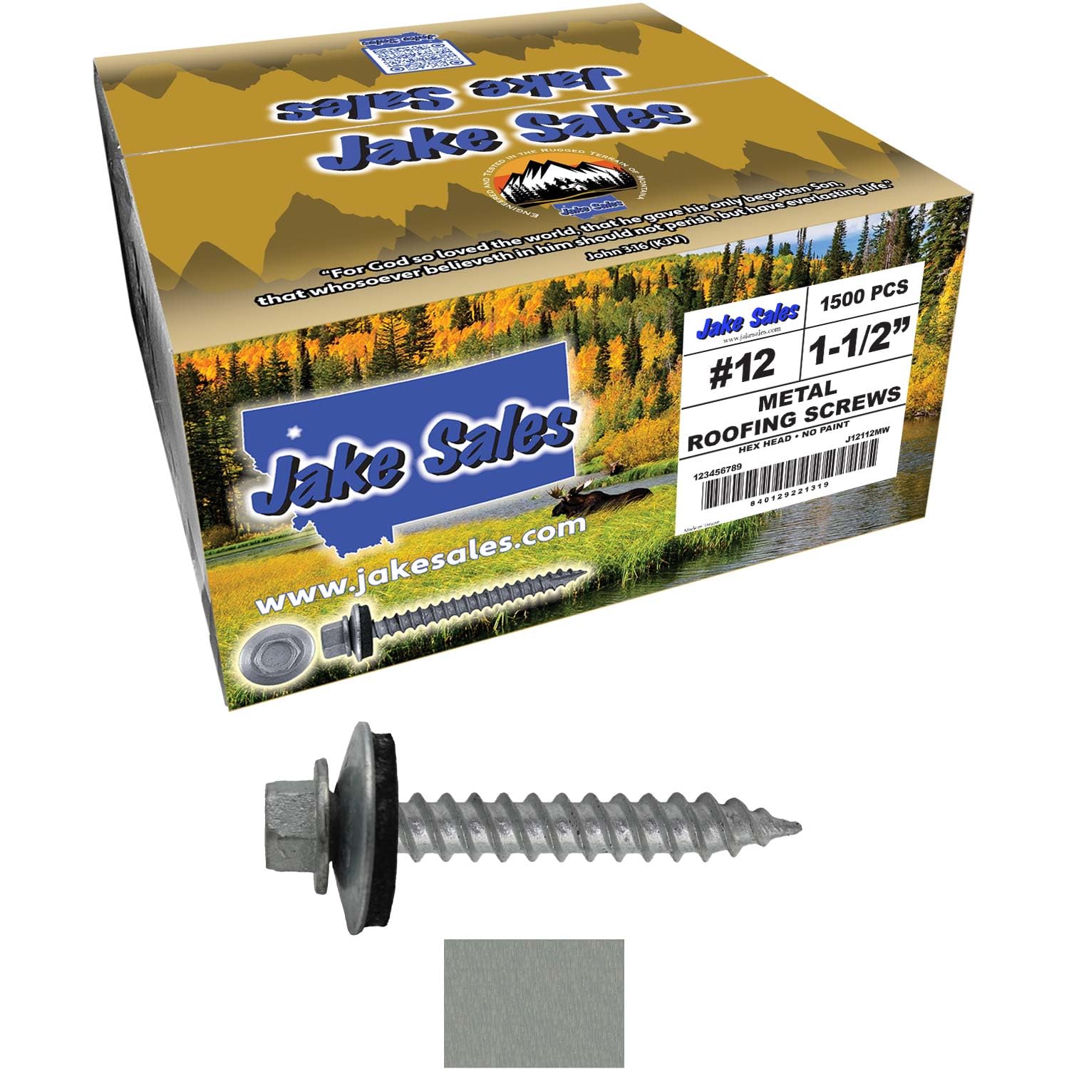 12 x 1-1/2' NO Paint Metal Roofing Screws - Hex Washer Head- Self-Starting/Tapping - EPDM Washer. 6 X 250 Bags - 1,500 Screws