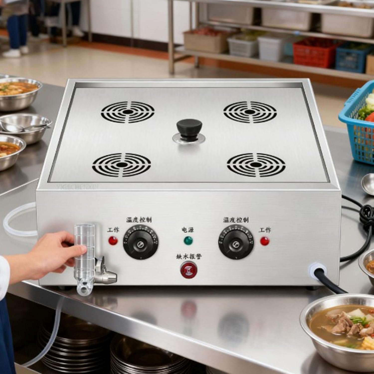 Temperature Control Large Capacity Bun Steamer, Multifunction Commercial Home Kitchen Appliance Electric Steam Pot Dry Boiling Alarm for Breakfast Shop, School,4 Holes