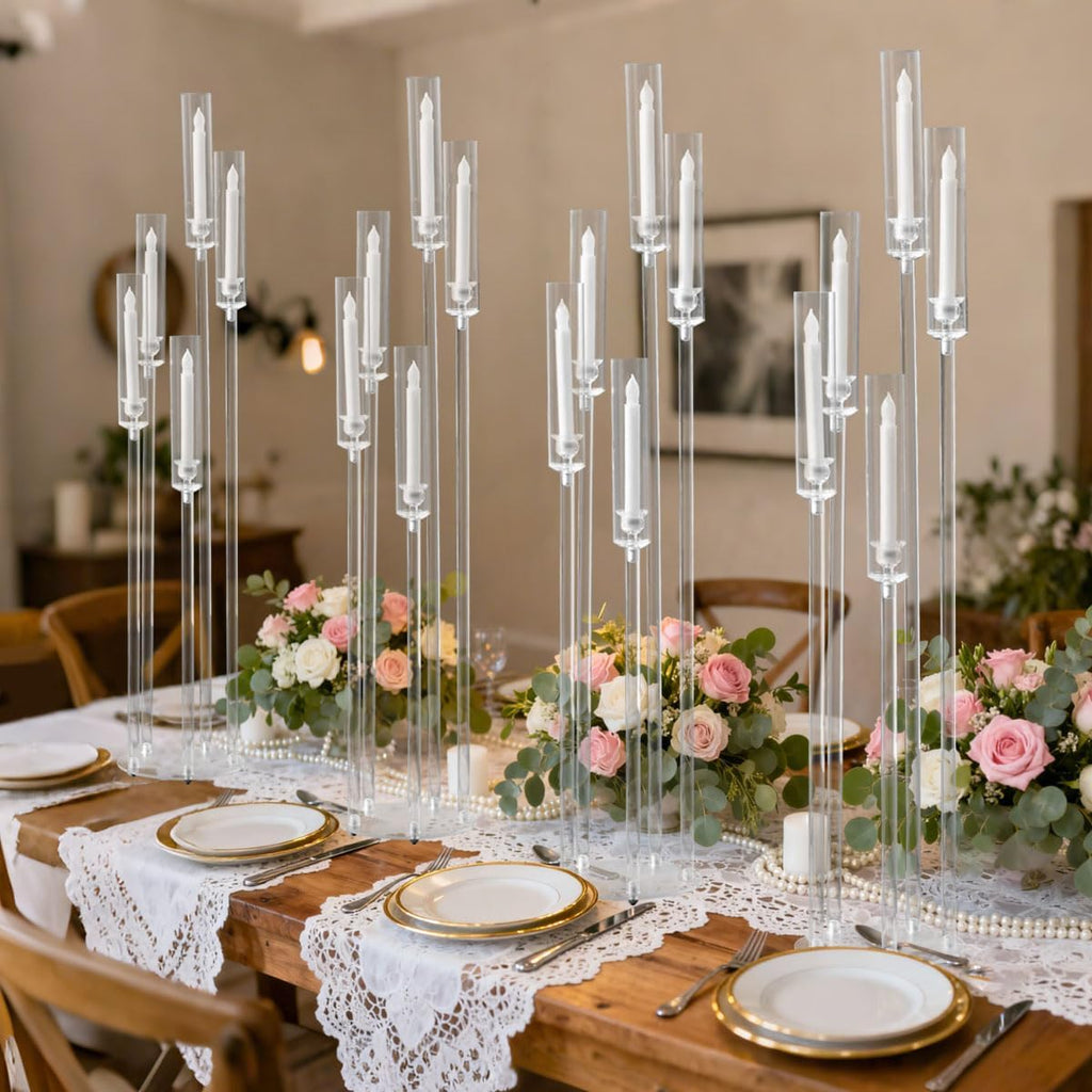 6PCS Acrylic Candelabra Centerpieces for Tables, 5 Arm Clear Candelabra Candle Holders for Wedding Centerpieces, Tall Floor Candelabras for Event Party Home Decor Fits 0.8 LED Candles