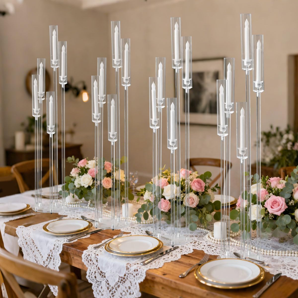 6PCS Acrylic Candelabra Centerpieces for Tables, 5 Arm Clear Candelabra Candle Holders for Wedding Centerpieces, Tall Floor Candelabras for Event Party Home Decor Fits 0.8 LED Candles