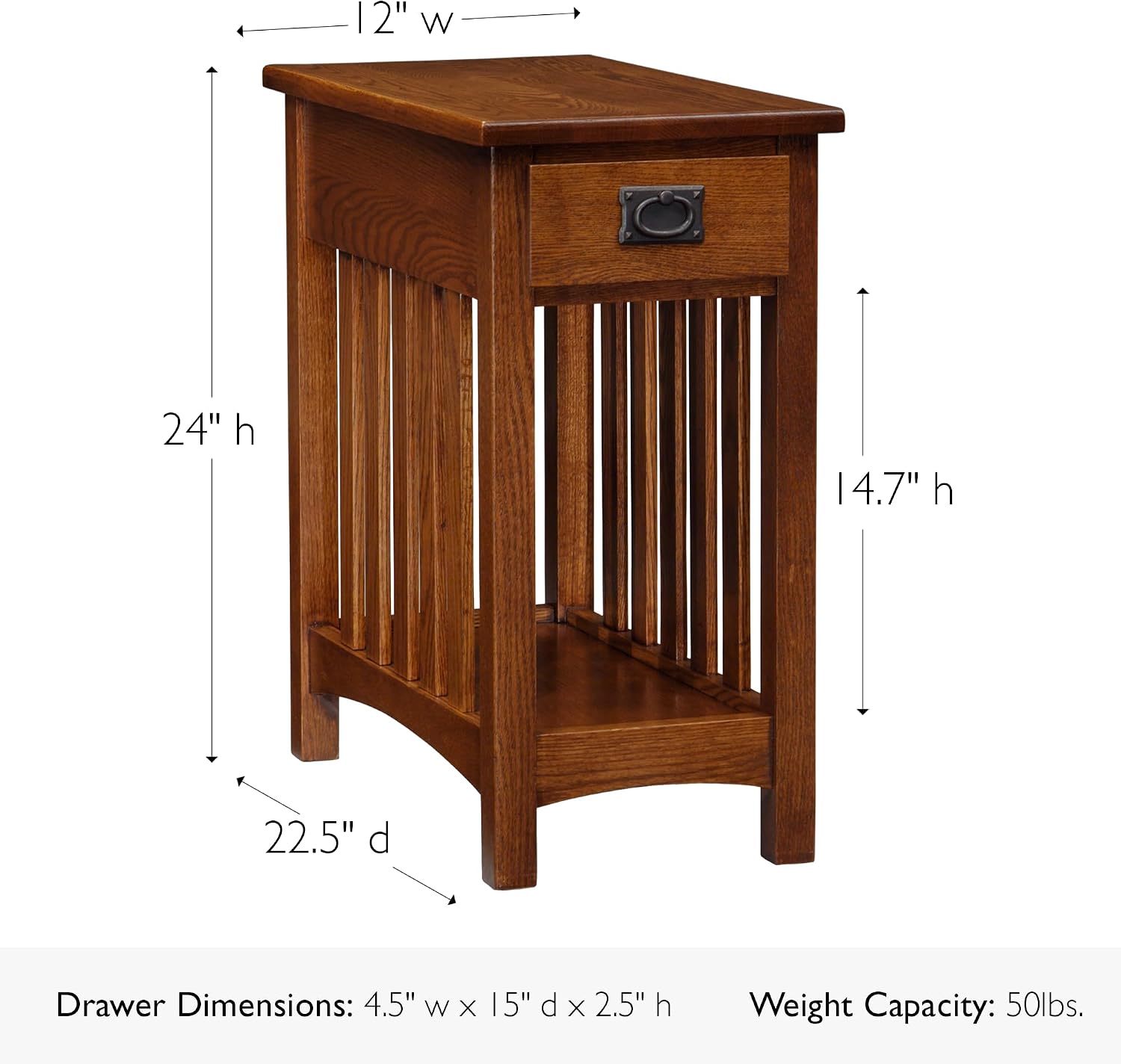 Leick Home Mission End Table, Solid Wood, 1 Storage Drawer, Bottom Display Shelf, Narrow, Slatted Sides, Easy-Assembly, Medium Oak, 22.5 in L x 12 in W x 24 in H, 8202