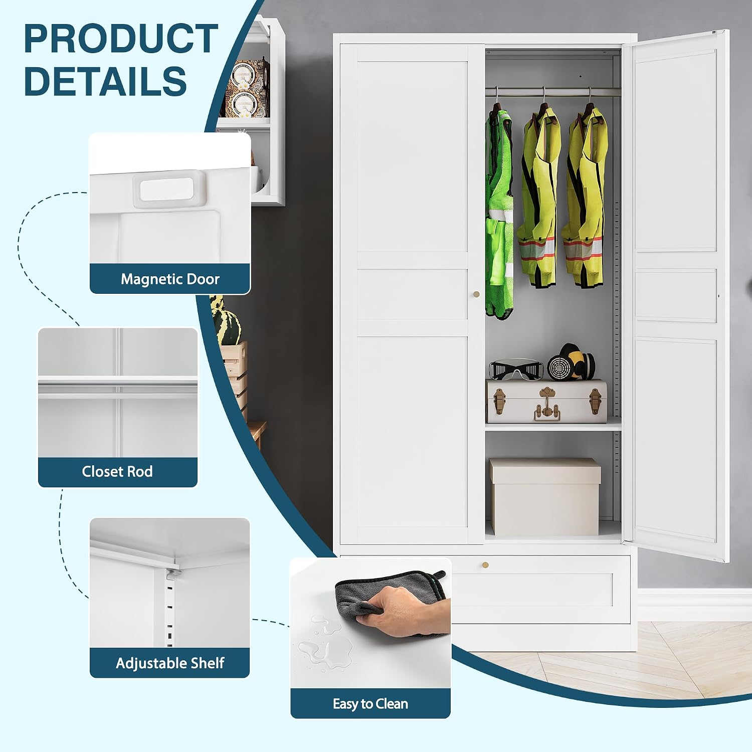 MIIIKO Wardrobe Closet with Drawer, 2 Doors Clothes Cabinet, 72' Metal Storage Cabinets with Hanging Rod, Bedroom Armoires Laundry Room and Office Clothes Storage Organizer Cabinets