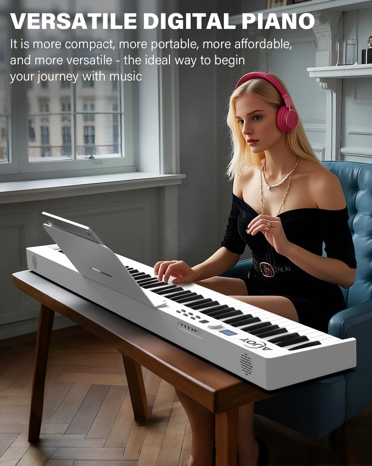 AiJoy 88-Key Piano Keyboard with Semi-Weighted Keys Portable Folding Piano, 128 Tones, Speakers, USB-MIDI, Carry-Bag, Sustain Pedal, Stand Electric Keyboard Piano for Beginners, White