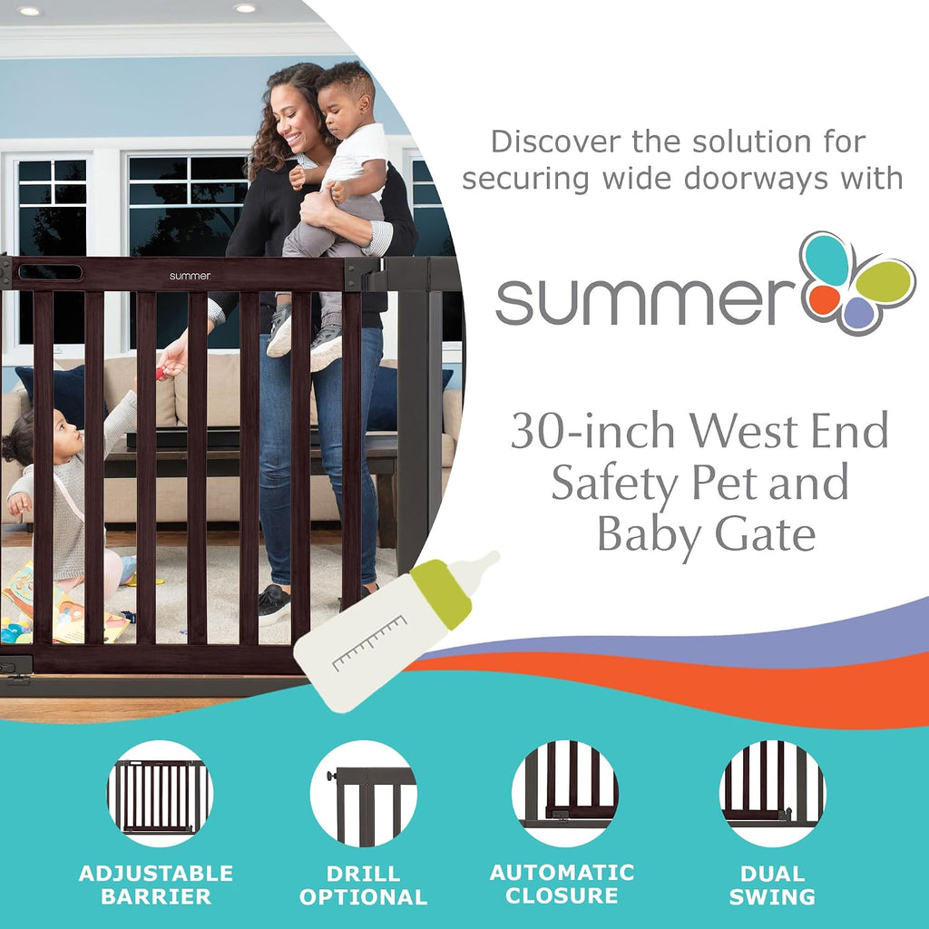 Summer Infant West End Safety Baby Gate, Dark Walnut Stained Wood with Charcoal Metal Frame – 30' Tall, Fits Openings up to 36' to 60' Wide, Baby and Pet Gate for Wide Spaces and Open Floor Plans