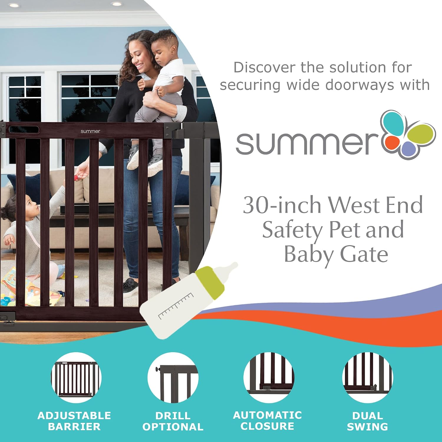 Summer Infant West End Safety Baby Gate, Dark Walnut Stained Wood with Charcoal Metal Frame – 30' Tall, Fits Openings up to 36' to 60' Wide, Baby and Pet Gate for Wide Spaces and Open Floor Plans