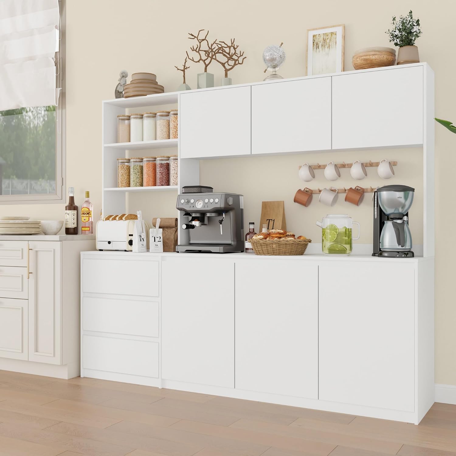 Bobve Large Kitchen Hutch Cabinet with Microwave Stand, Storage Cupboard Pantry with 3-Tier External Shelves and 3 Drawers, Ktichen Food Pantry with Open Countertop for Dining Room, White