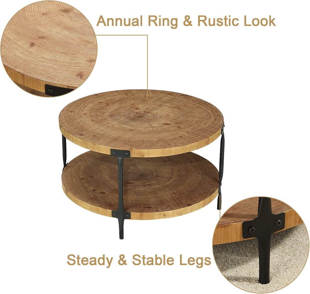 Awescuti Round Boho Wood Coffee Table - 29.1' Farmhouse Natural Circle Wooden 2-Tier Coffee Tables Living Room Furniture, 29.1' D x 18.3' H, Natural Wood Color