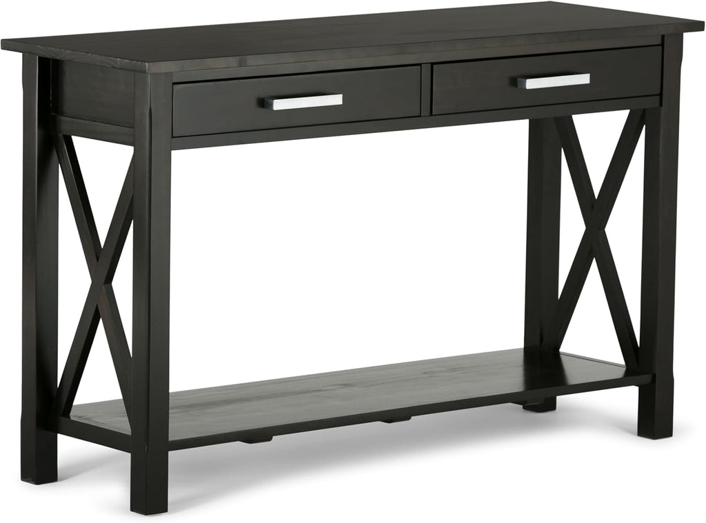 SIMPLIHOME Kitchener Console Table - 47 Inch Wide Solid Wood Sofa Table in Hickory Brown, Contemporary Storage Table for Entryway or Living Room with 2 Drawers, Bottom Shelf, and X-Design Side Panels