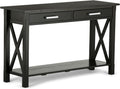 SIMPLIHOME Kitchener Console Table - 47 Inch Wide Solid Wood Sofa Table in Hickory Brown, Contemporary Storage Table for Entryway or Living Room with 2 Drawers, Bottom Shelf, and X-Design Side Panels