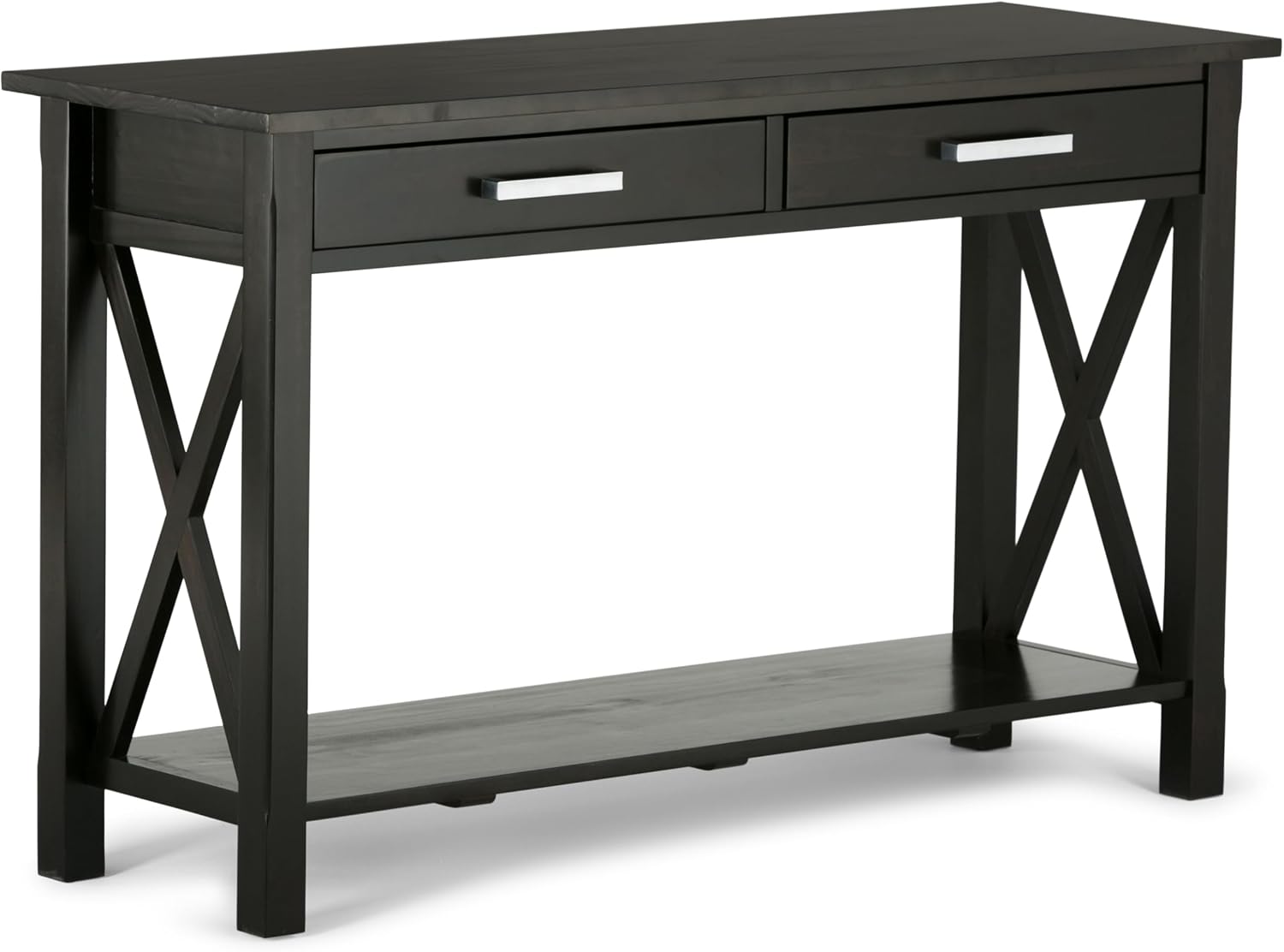 SIMPLIHOME Kitchener Console Table - 47 Inch Wide Solid Wood Sofa Table in Hickory Brown, Contemporary Storage Table for Entryway or Living Room with 2 Drawers, Bottom Shelf, and X-Design Side Panels