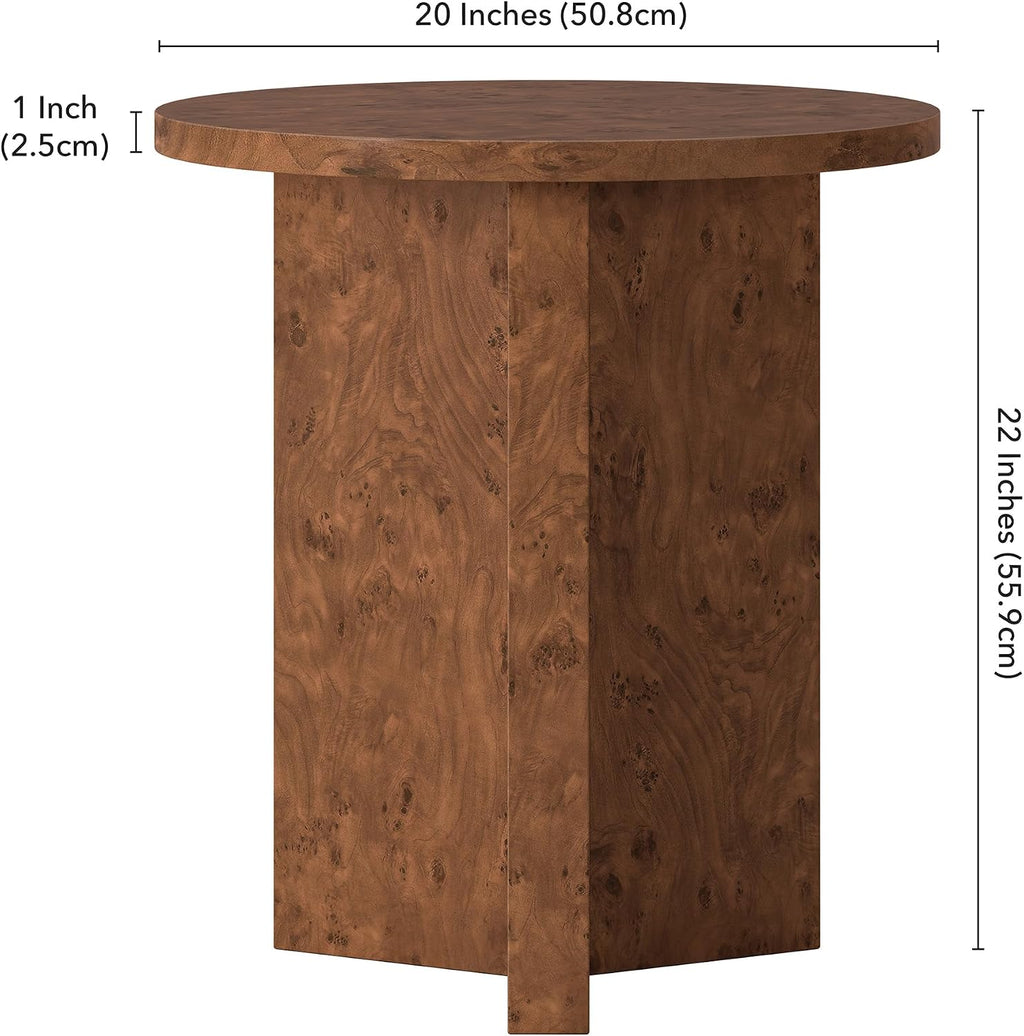 Henn&Hart 20' Scandinavian Round Wooden End Table, Side Table, Nightstand with X-Base for Living Room, Office, Family Room, or Bedroom, Chestnut Burl