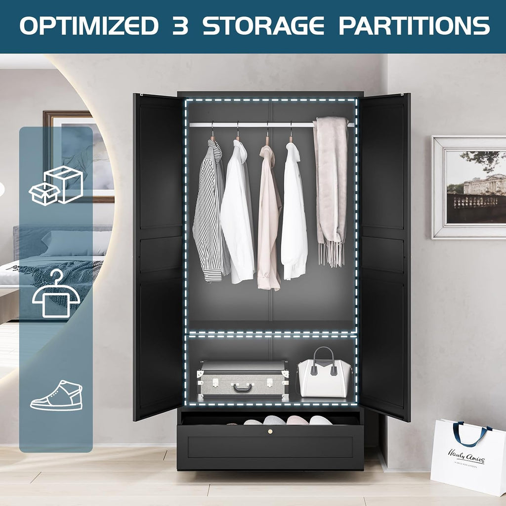 MIIIKO Wardrobe Closet with Drawer, 2 Doors Clothes Cabinet, 72' Metal Storage Cabinets with Hanging Rod and Shelf, Bedroom Armoires Laundry Room and Office Clothes Storage Organizer Cabinets