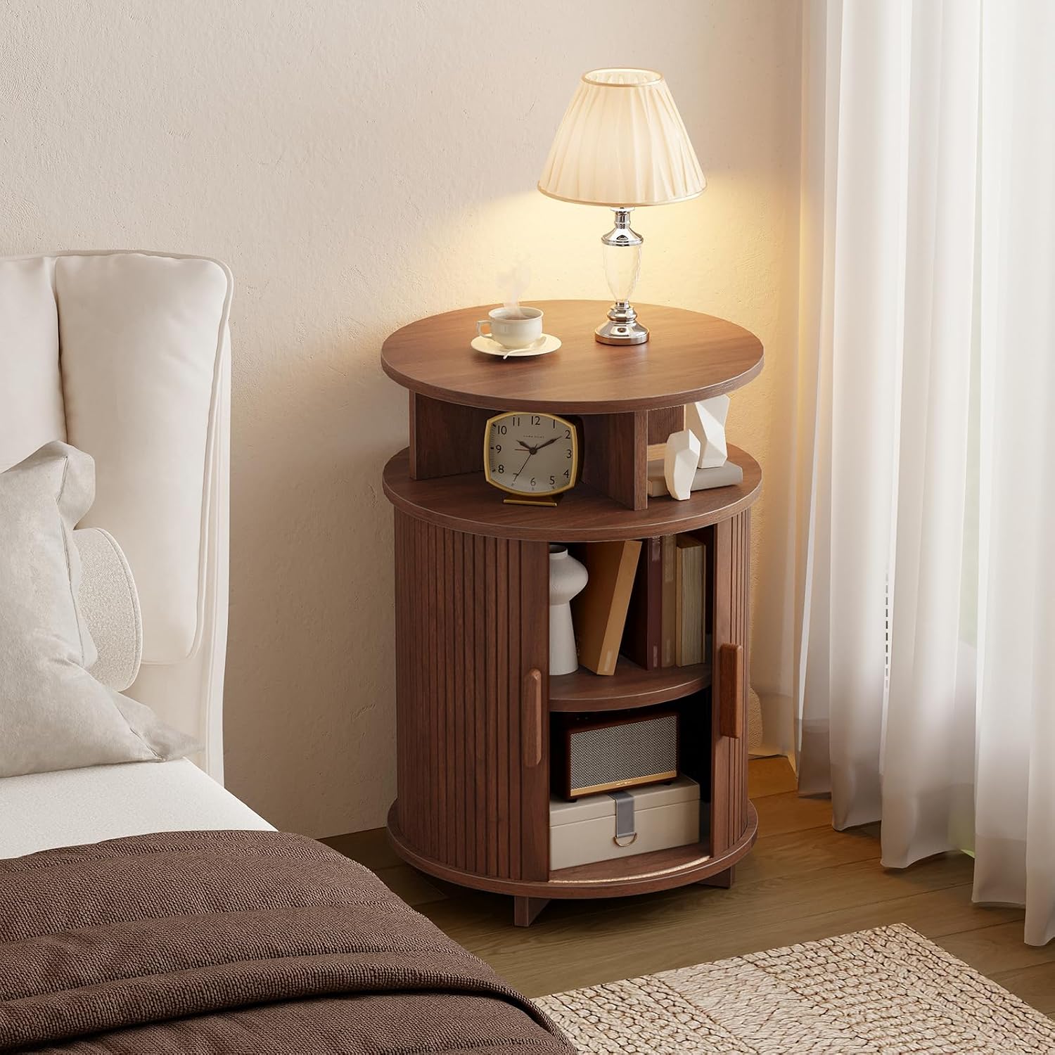 RALGEND Round Fluted End Tables Set of 2, Round End Table with Charging Station, Fluted Sofa Side Table with Sliding Tambour Door and Storage, Mid-Century Nightstand for Living Room, Bedroom, Walnut
