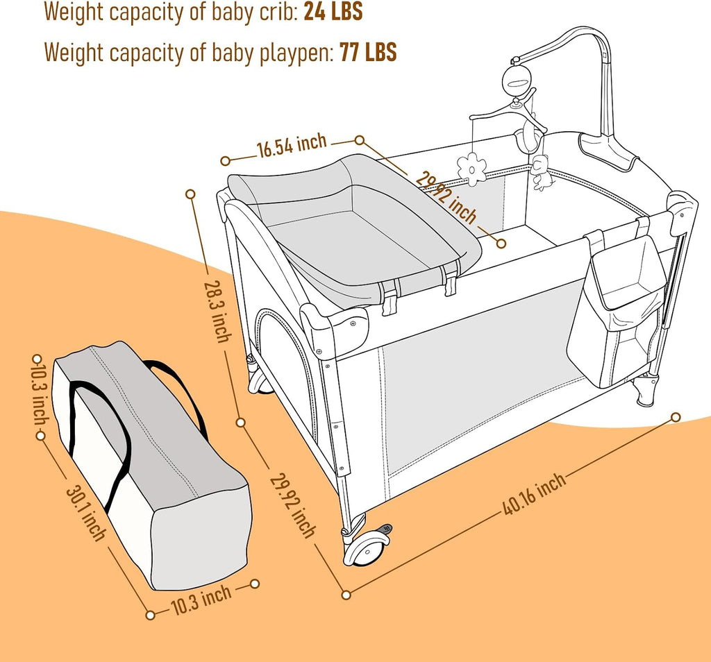 Jaoul 5 in 1 Baby Crib, Bassinet Beside Sleeper, Pack and Play with Bassinet and Changing Table Portable Travel Baby Playpen with Toys & Music Box, Mattress for Girl Boy Infant Newborn