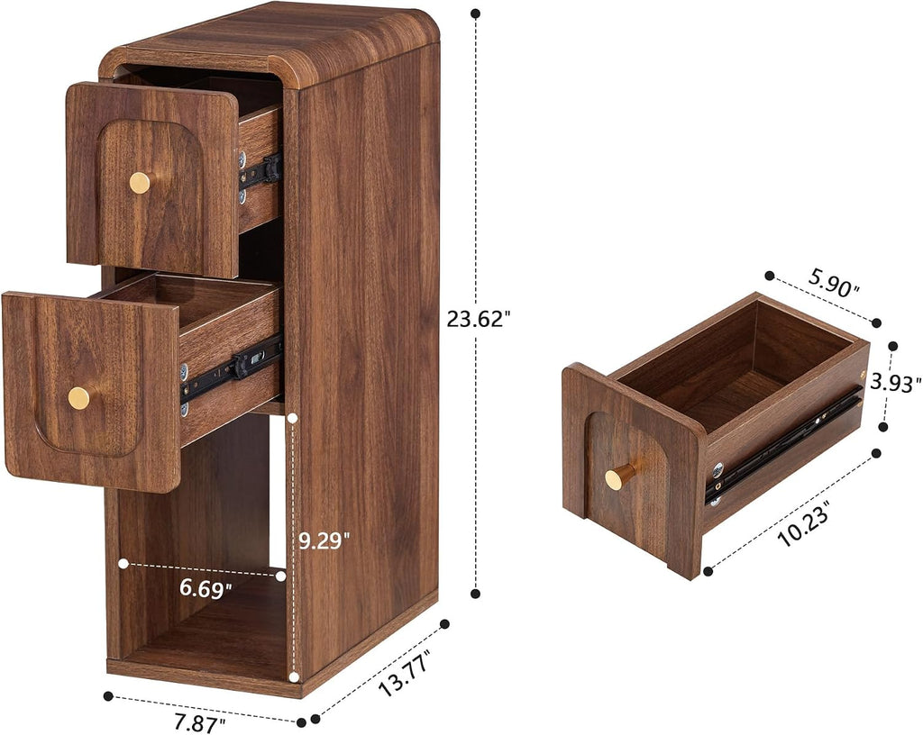 Small Nightstand Set of 2, Wooden Narrow Nightstands with 2 Drawers, Vintage Side End Table for Small Spaces, Skinny Night Stand, Bedside Table for Bedroom, Living Room (Walnut-2PCS)