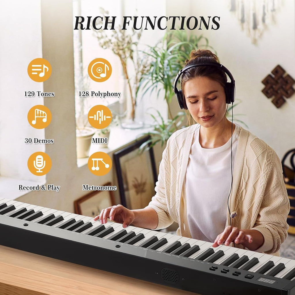 Garvee 88 Key Full-Size Semi-Weighted Electronic Keyboard Piano, Portable Design with Headphones, Sustain Pedal, Power Adapter & Travel Case - Perfect for Beginners and Adult Players