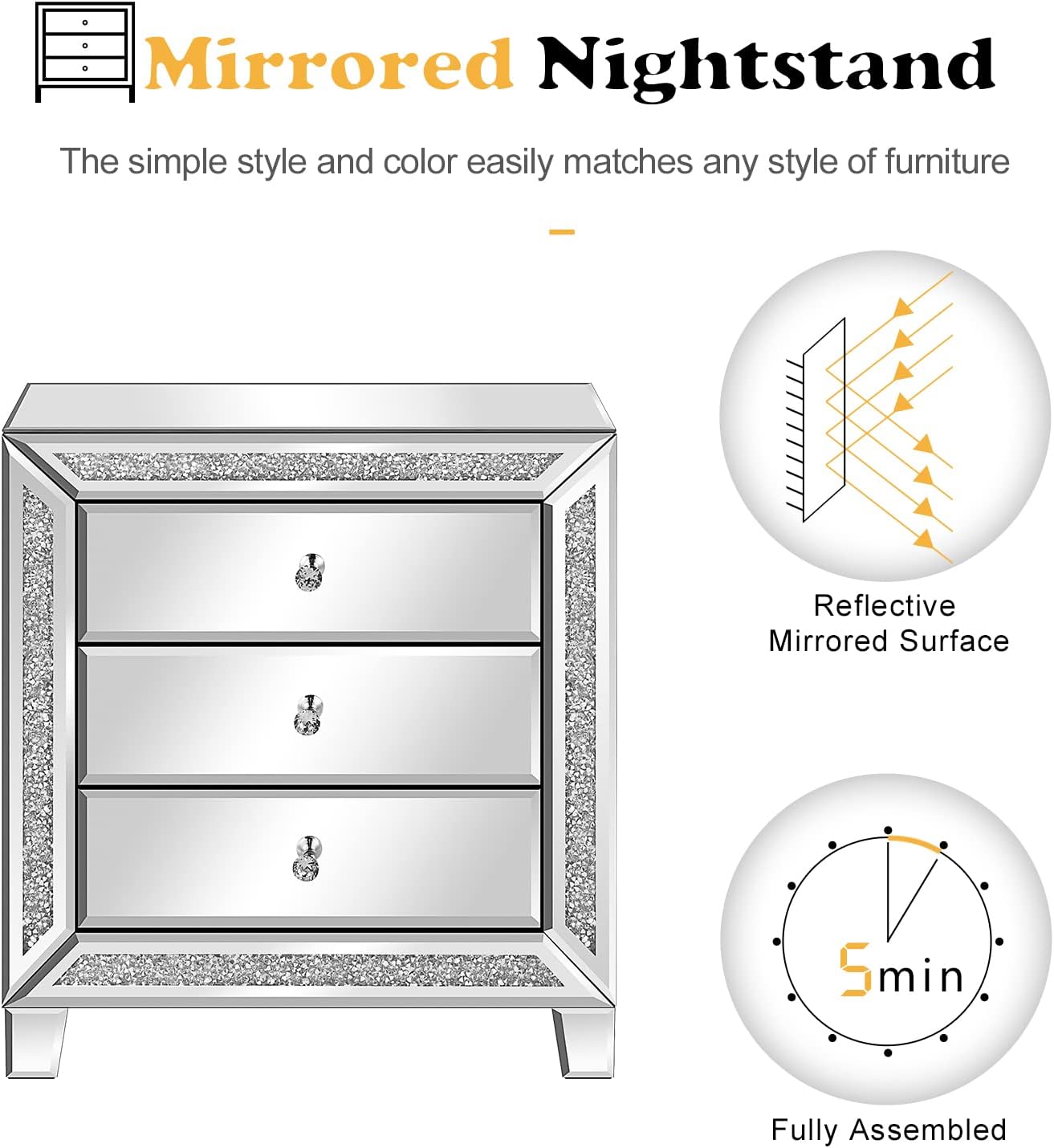 VINGLI Mirrored Nightstands Set of 2, 23' W Glass Mirror Night Stand Set of 2, Modern Bedside Table 3 Drawer Glass Side End Table Silver Dresser for Bedroom, 23'W x 13.8'D x 24.8'H