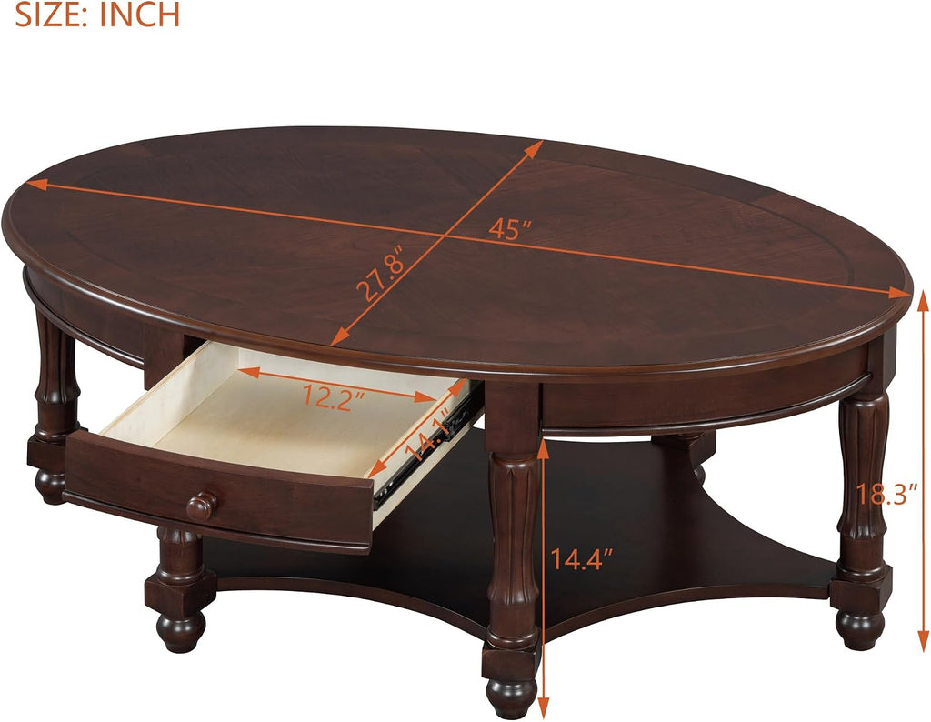 Merax 45' Vintage Oval Rubber Wood Coffee Table with Drawer and Storage Shelf, Antique Cocktail Tables, French Country Accent for Living Room, Walnut