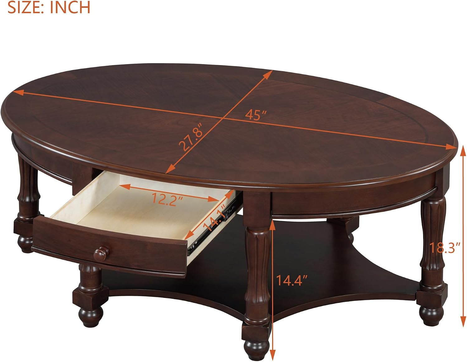 Merax 45' Vintage Oval Rubber Wood Coffee Table with Drawer and Storage Shelf, Antique Cocktail Tables, French Country Accent for Living Room, Walnut