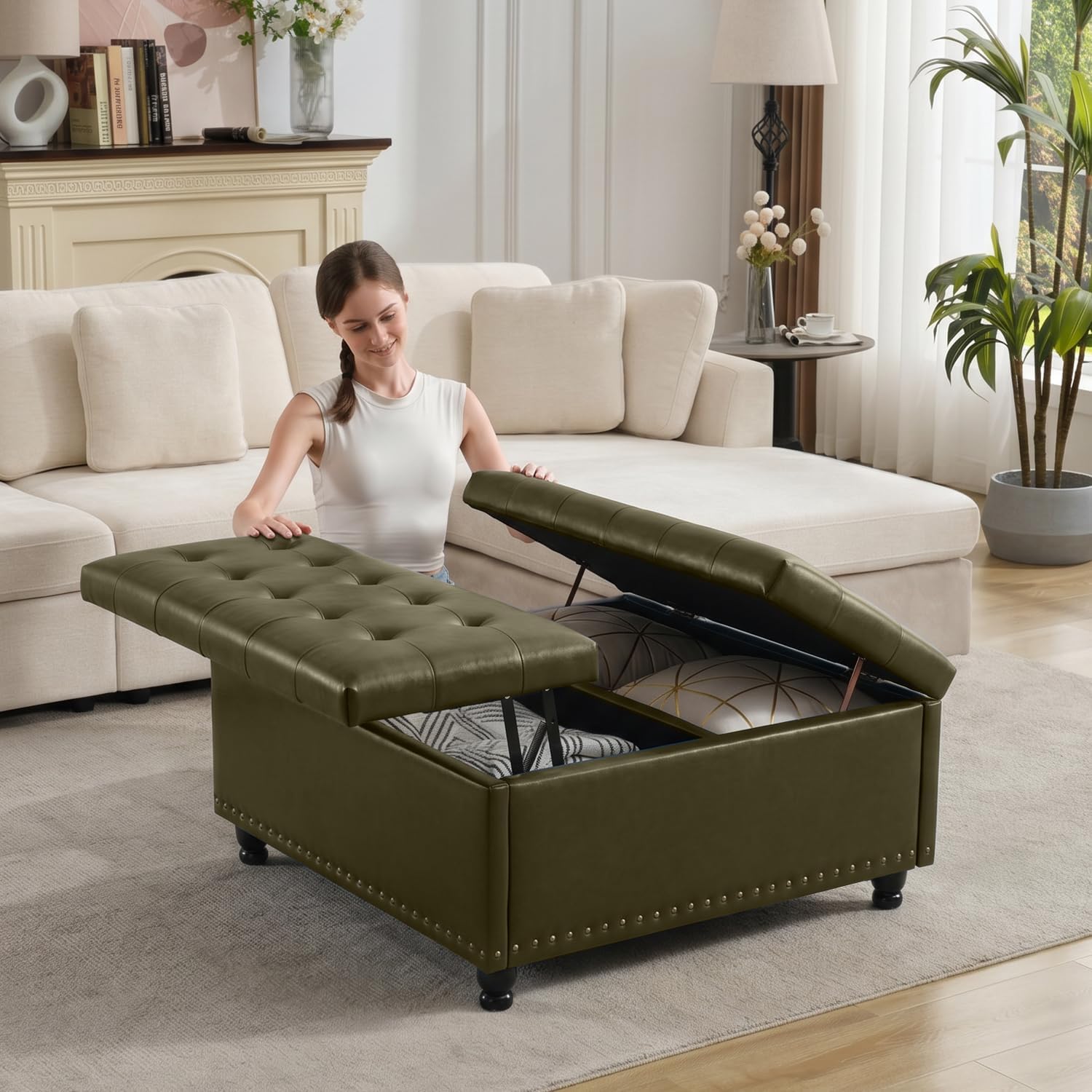 Tbfit Large Square Storage Ottoman Bench, Tufted Upholstered Coffee Table Ottoman with Lift Top & Wooden Legs, Oversized Storage Ottomans Toy Box for Living Room (Green PU)