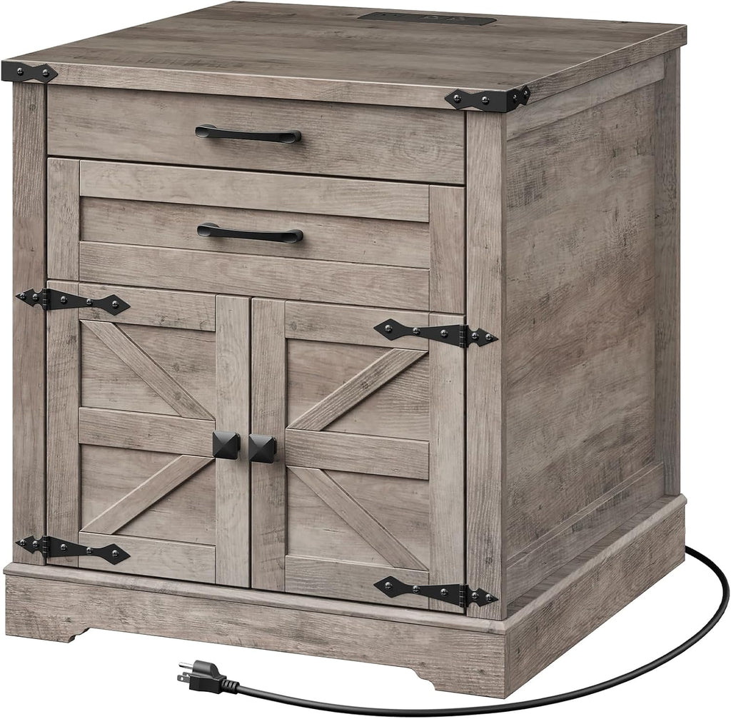 RALGEND Farmhouse End Table with Charging Station, 24'' Sofa Side Table with 2 Drawers and Barn Door, Large Rustic Wooden Square Nightstand for Bedroom, Living Room, Greige