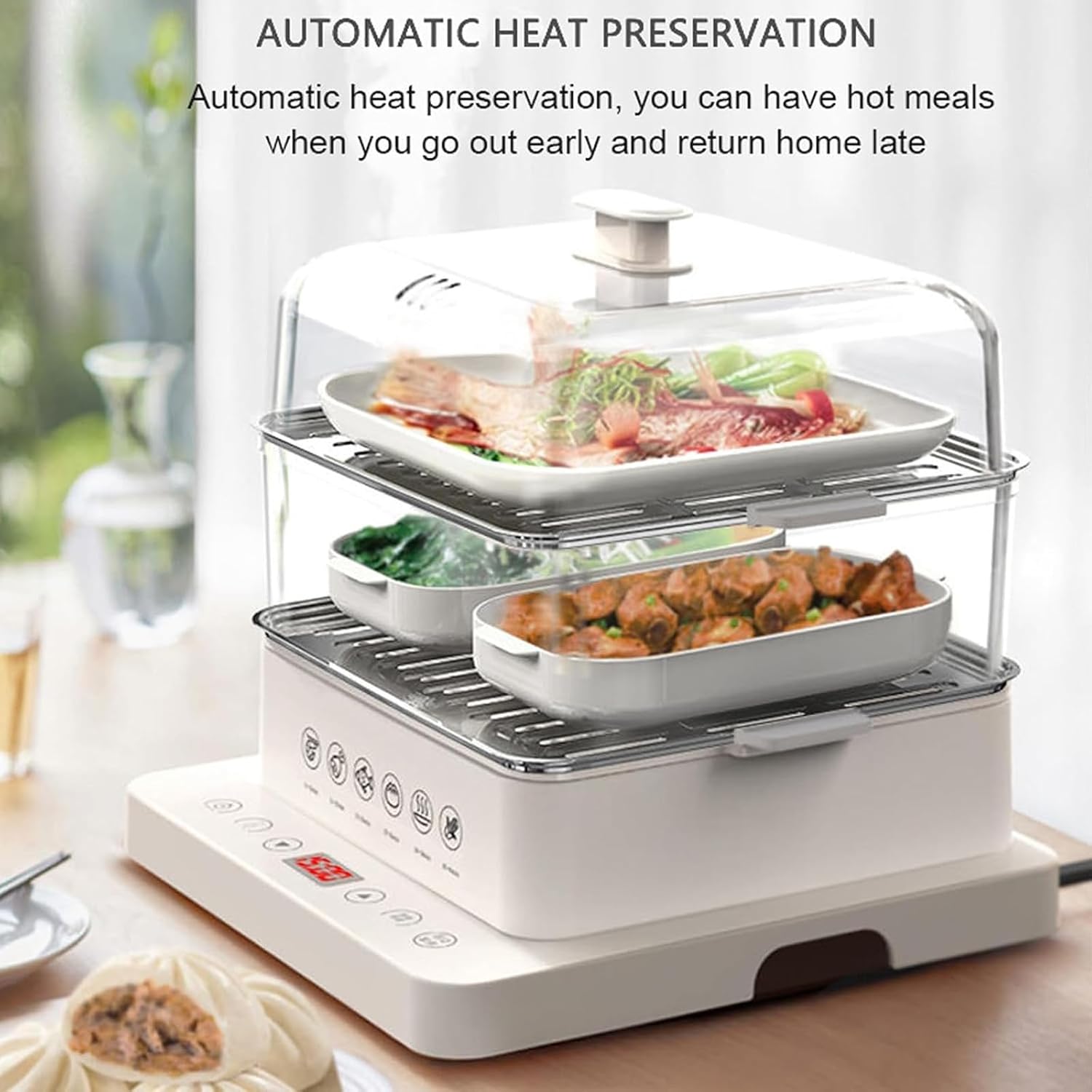 Electric Food Steamer, 3-Layer Cookware, 40L Capacity, Foldable Hot Food Heater, Automatic Steamer with 12 Hours Heat Preservation, Ideal for Cooking and Food Preparation