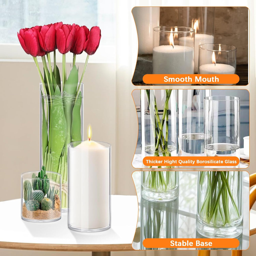 64 Pack Thick Glass Cylinder Vases 4,6,9,12 Inch Tall Clear Flower Vase Hurricane Floating Candle Holder for Table Centerpiece Wedding Home Decor