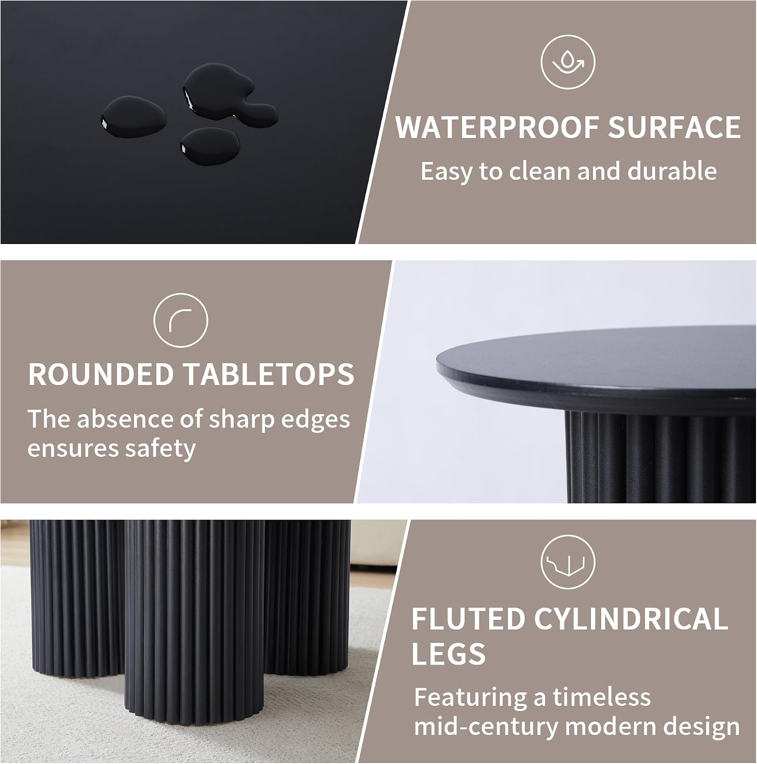 Bifins Round Nesting Coffee Table Set of 3,Mid Century Modern Fluted Coffee and End Table Set,Small Circle Wooden Side Table Drink Table for Living Room (Black)