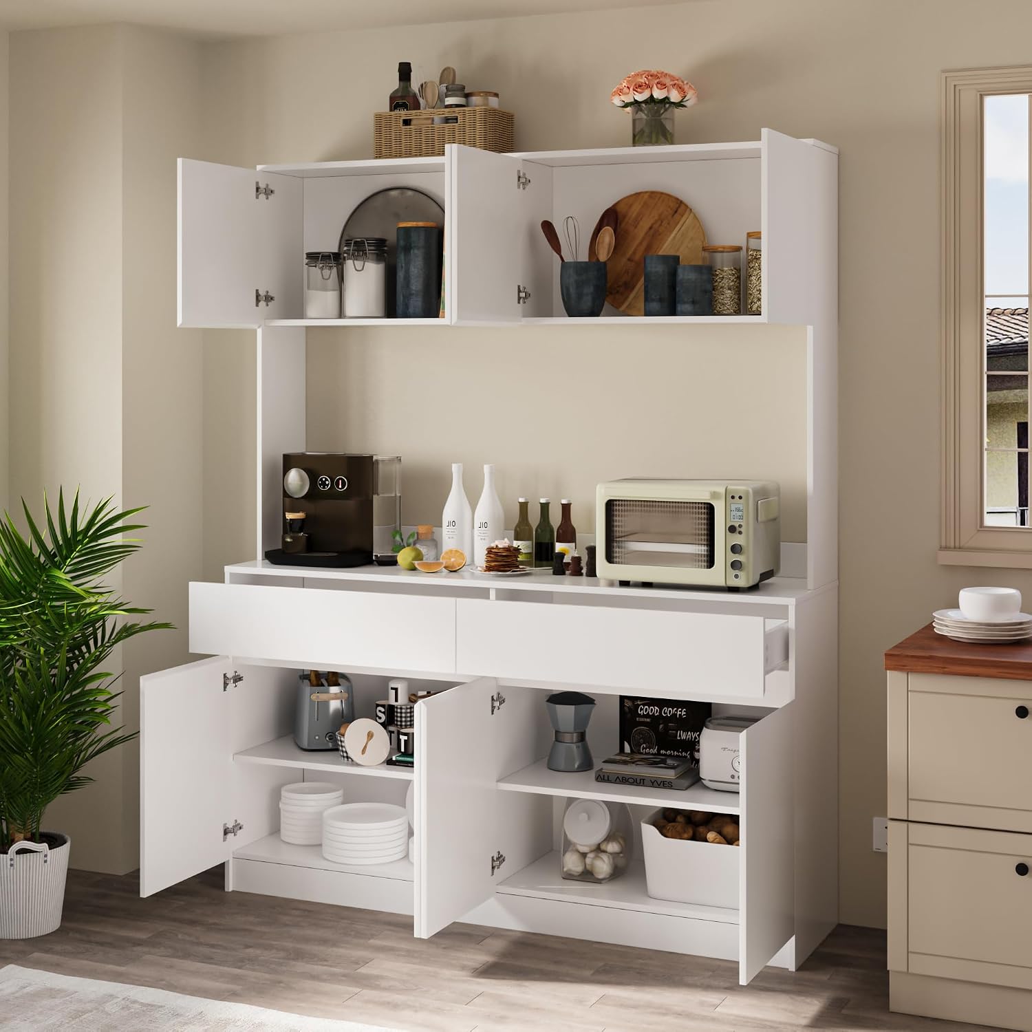 Bobve 71' Kitchen Pantry Cabinet, Kitchen Hutch with Microwave Stand, Buffet Cabinet with Large Storage Drawers for Dining Room (White)