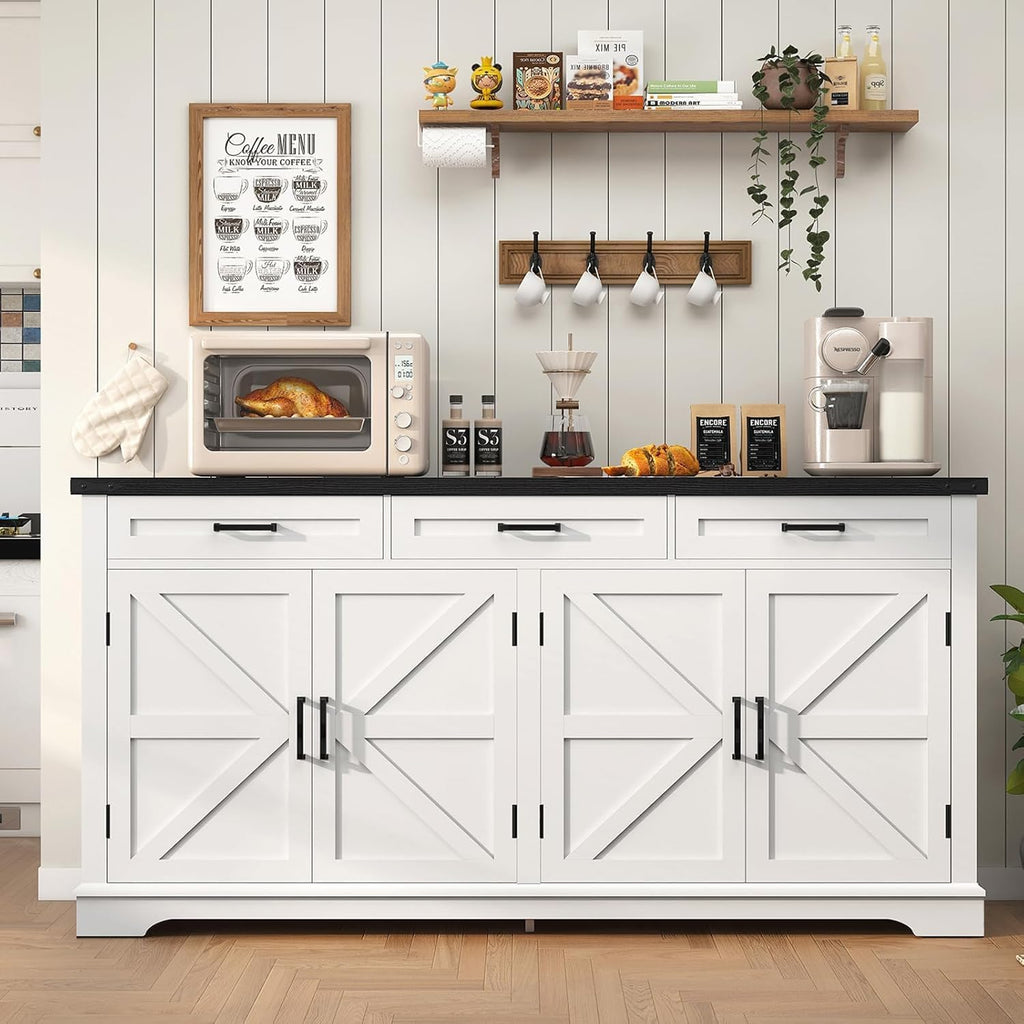 TEENFON 61' Farmhouse Buffet Cabinet with 2 Adjustable Shelves, Sideboard with 3 Drawers & 4 Doors, Rustic Storage Cabinet for Kitchen, Entryway, Coffee Bar, White