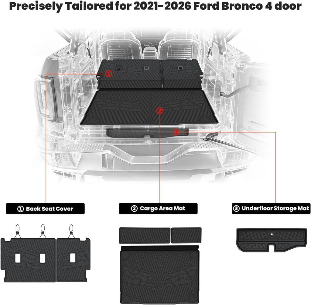 LASFIT Cargo Mat+Rear Back Seat Protector+Underfloor Storage Mat for Ford Bronco 4-Door 2021-2026 TPE All Weather Protection Liners Waterproof Backrest Mat Custom Fit Non-Slip Easy Clean