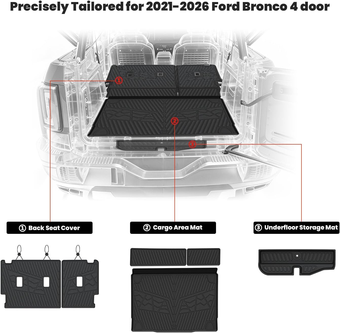 LASFIT Cargo Mat+Rear Back Seat Protector+Underfloor Storage Mat for Ford Bronco 4-Door 2021-2026 TPE All Weather Protection Liners Waterproof Backrest Mat Custom Fit Non-Slip Easy Clean
