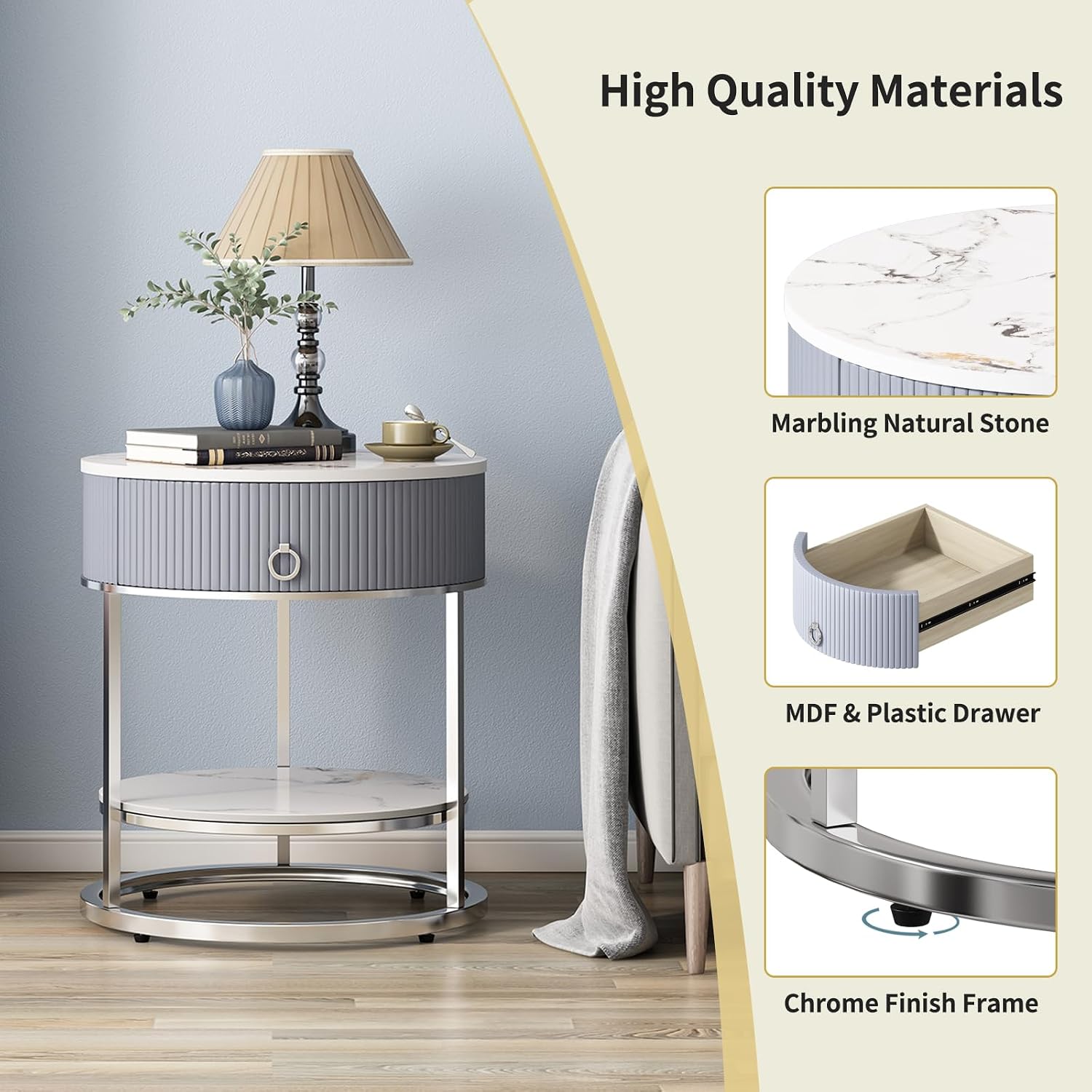 OIOG Modern End Table with Drawer, 2 Tier Side Table with Shelf, Round Nightstand with Sintered Stone Tabletop and Chrome Legs for Living Room, Bedroom, Home Office, Dorm, Silver