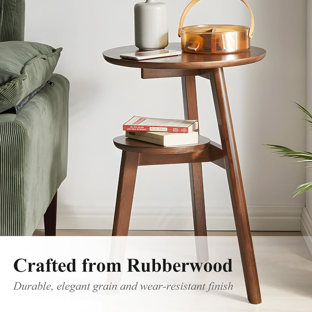 Side Table, 2-Tier Round End Tables Living Room, Mid Century Modern Side Table, Round Nightstand, Oak Accent Table, Small Round Coffee Table, 16.54' Dia.x 23.62' H(Walnut)
