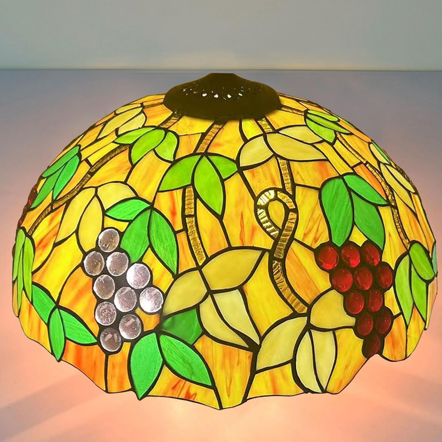Tiffany Lamp Shade Replacement 16X9 Inch Vintage Stained Glass Lampshades Only with Cap Christmas Home Decor Yellow Grape Design Handmade Light Cover for Table lamp Pendant Light Floor Lamp