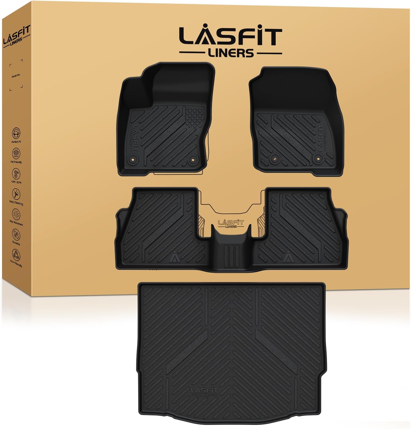 LASFIT Floor Mats and Cargo Liner for 2012-2018 Ford Focus Hatchback Gasoline(No Subwoofer) Focus RS 2016 2017 2018 All Weather Custom Fit TPE Car Floor Liner, Combo Set