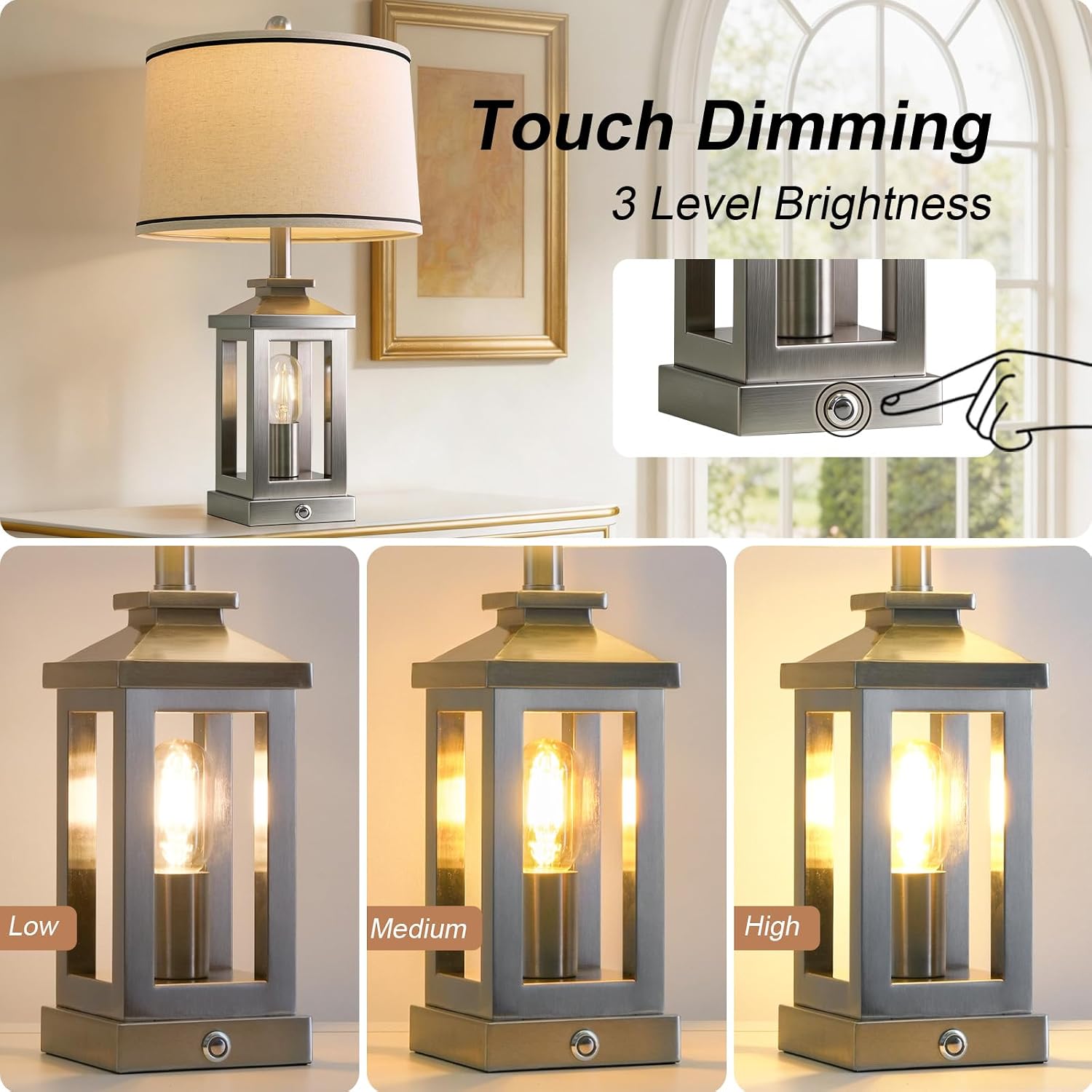 G-SAFAVA 24' Table Lamps for Living Room Bedroom Modern Metal Bedside Lamps Set of 2 Nightstand Lamp for Night Stands 3 Way Dimmable Touch Lamp with USB C+A Ports and 2 Light Sources, 4 Bulbs Includes