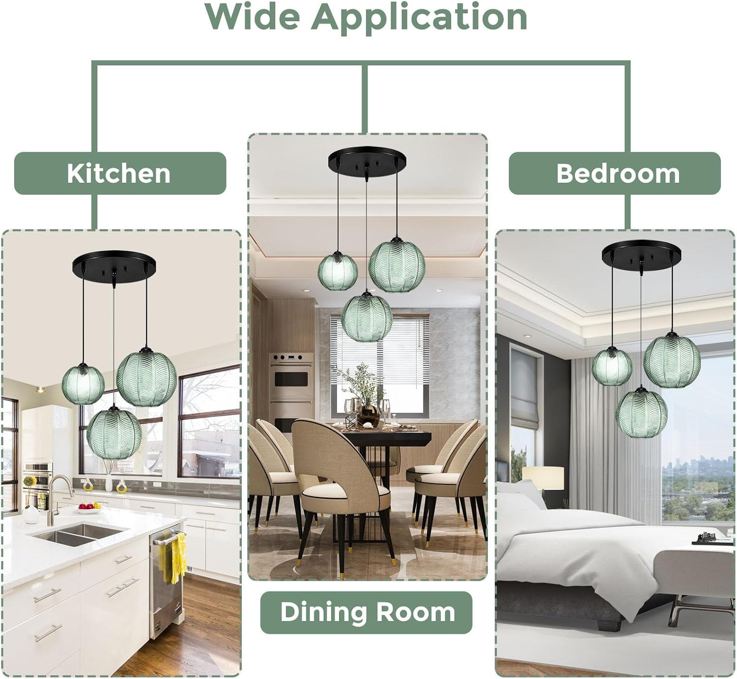 GXF 3 in 1 Green Cluster Pendant Light Fixtures, E26 E27 Large Glass Chandelier Mid Century Modern Chandelier Ribbed Blown Glass Globe Shade Hanging Light Ceiling Light for Living Room Restaurant Bar