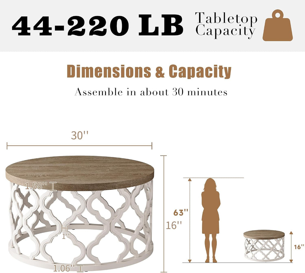 Farmhouse Coffee Table, French Country Round Coffee Table, Coastal Coffee Table with Distressed Top, Boho Center Table with Curved Motif Frame Base for Living Room, Dining Room, Bedroom, Cream Beige