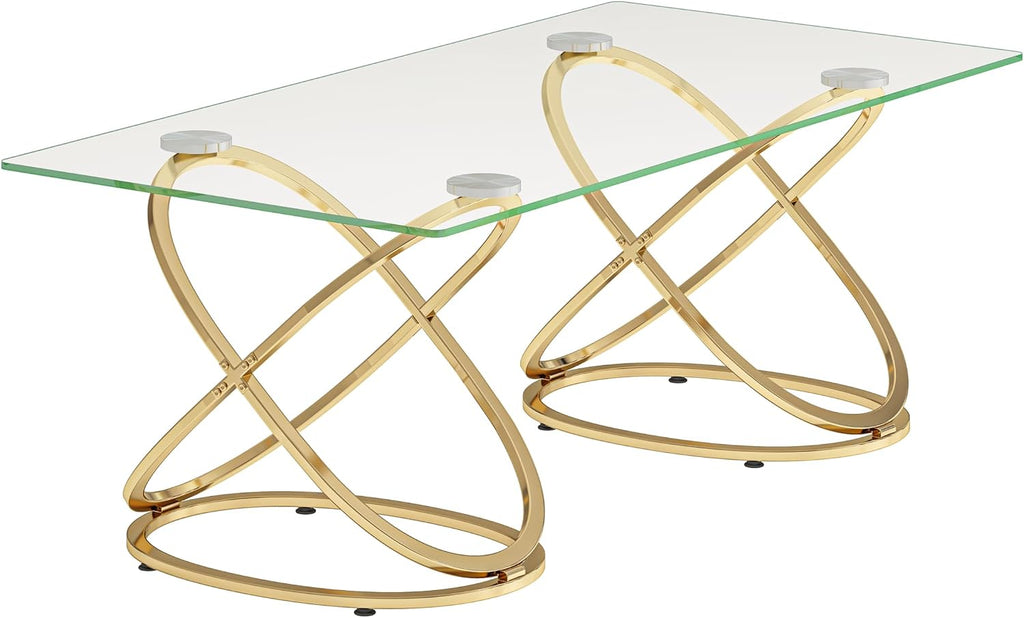 47' Rectangle Coffee Table with Tempered Glass Tabletop, Modern Gold Ring Base, Luxury Living Room Center Table